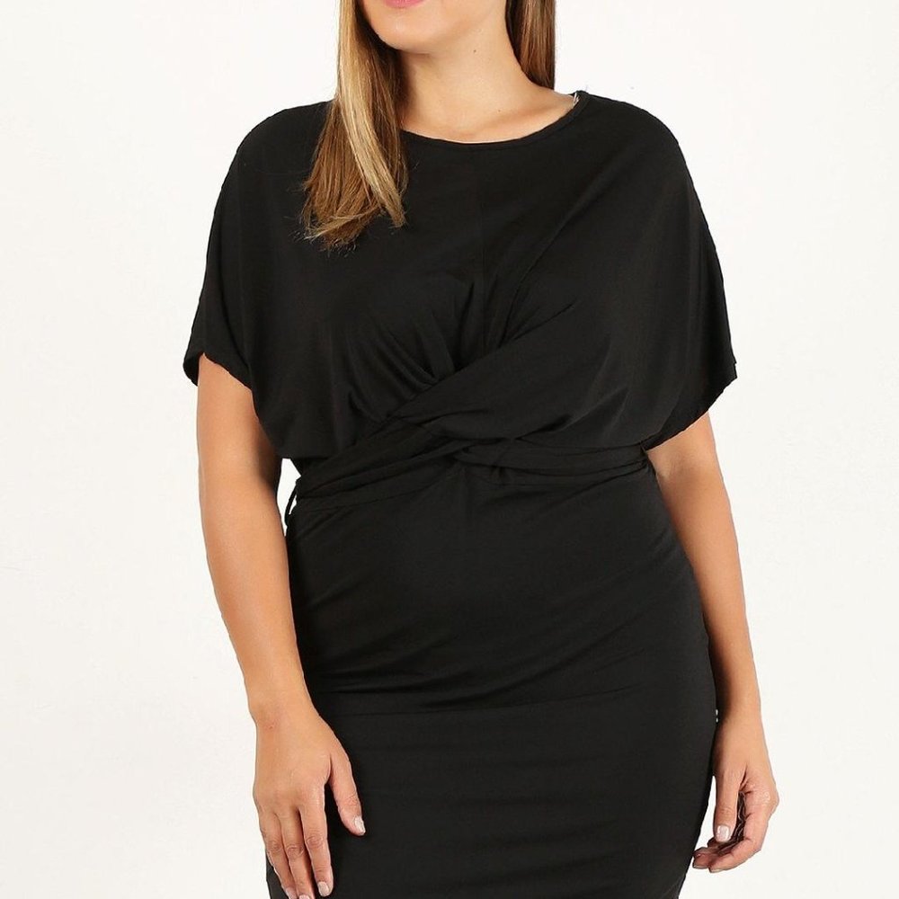 Haute Fox Black Faux Wrap Front Body Con Dress - Picture 1 of 9